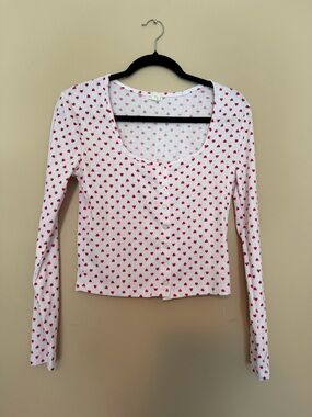 Aeropostale White Long Sleeve Button-Up Top with Red Heart Print